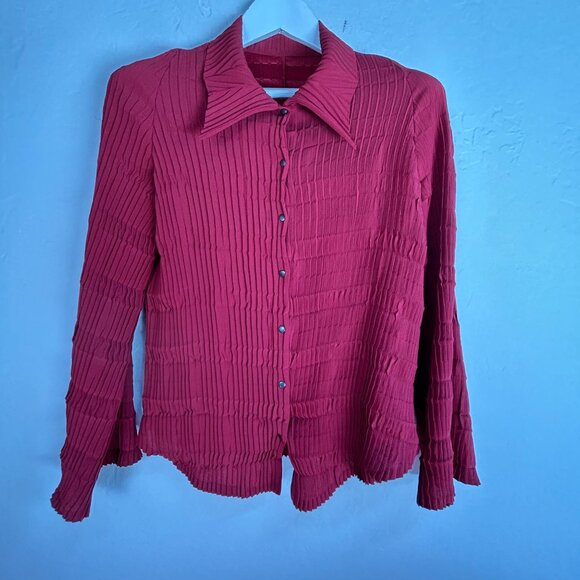 Babette Womens Red Textured Pleated Long Sleeve Button-Up Blouse XS Lightweight - Picture 1 of 7